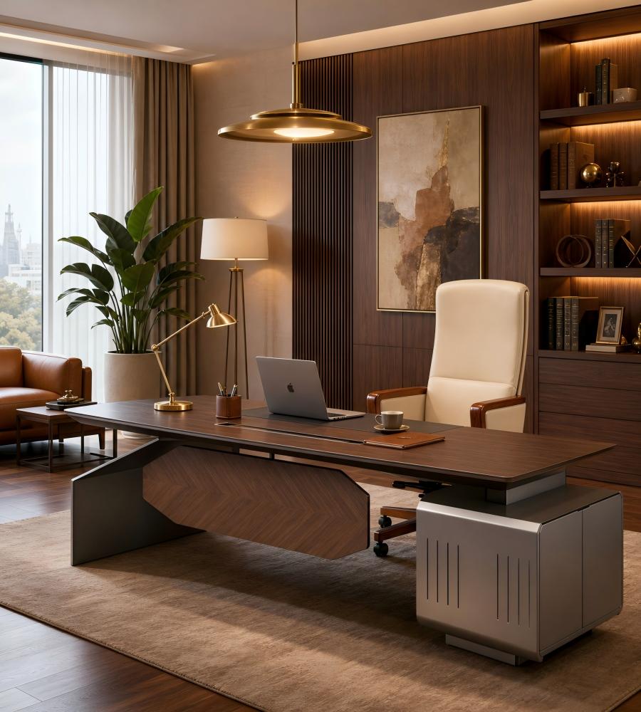 現代胡桃木配鐵灰L形帶側櫃老闆枱 Modern Walnut and Iron Grey L-Shaped Boss Desk