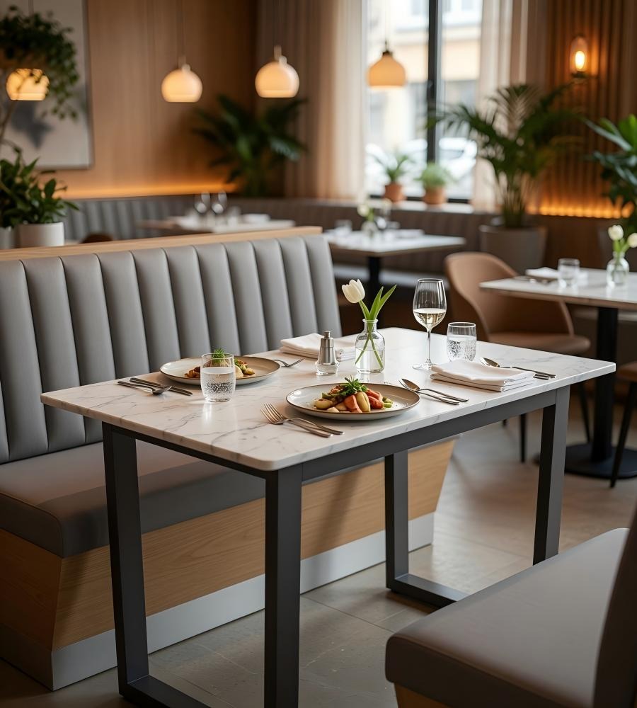 現代茶餐廳白色岩板長方形鋼架餐枱 | Modern Sintered Stone Dining Table