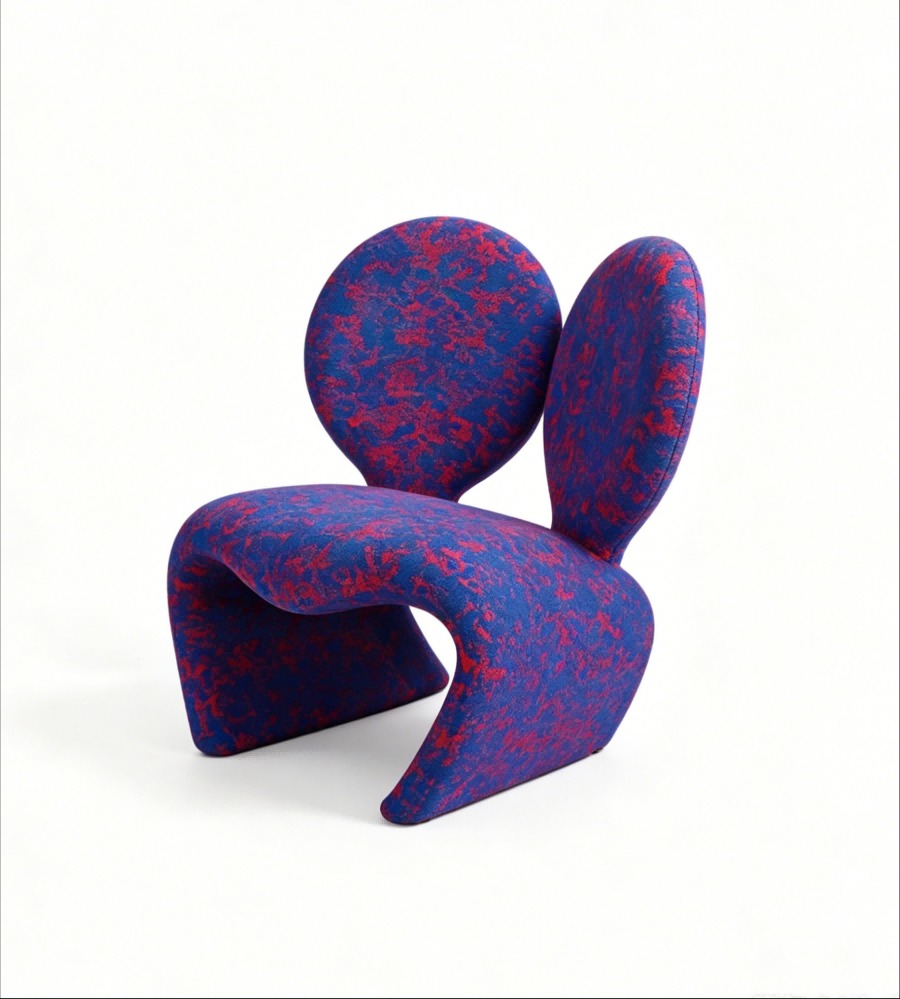 現代創意米奇造型藍紅花紋布藝無扶手休閒椅 Modern Creative Mickey Design Blue & Red Patterned Fabric Armless Leisure Chair