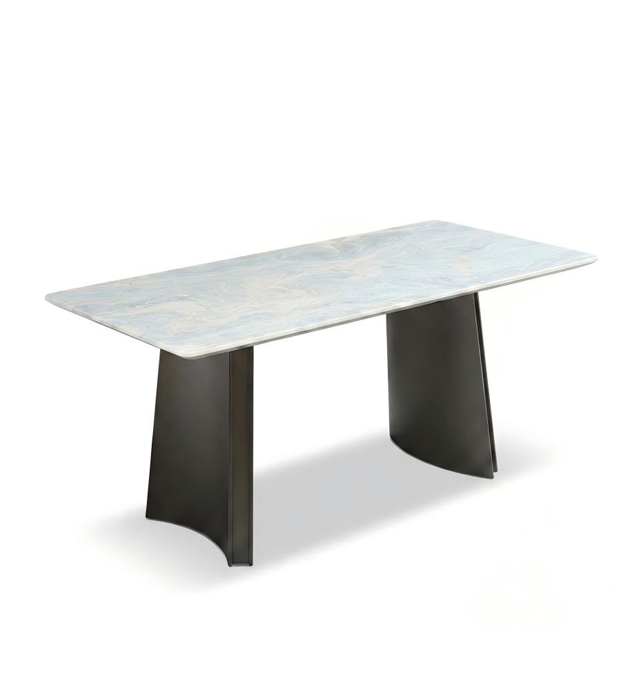 現代輕奢夢幻藍奢石灰鈦腳長方形餐枱 Modern Luxury Dream Blue Stone Titanium Grey Leg Rectangular Dining Table