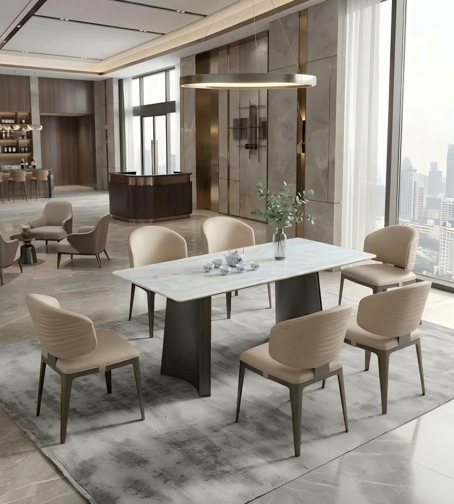 現代輕奢夢幻藍奢石灰鈦腳長方形餐枱 Modern Luxury Dream Blue Stone Titanium Grey Leg Rectangular Dining Table