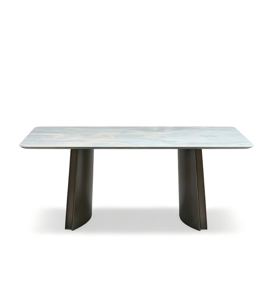 現代輕奢夢幻藍奢石灰鈦腳長方形餐枱 Modern Luxury Dream Blue Stone Titanium Grey Leg Rectangular Dining Table