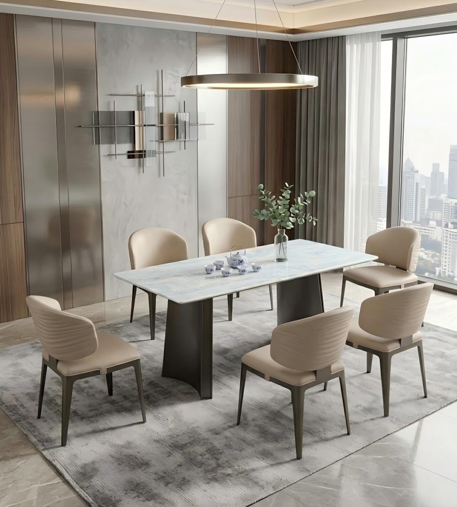 現代輕奢夢幻藍奢石灰鈦腳長方形餐枱 Modern Luxury Dream Blue Stone Titanium Grey Leg Rectangular Dining Table