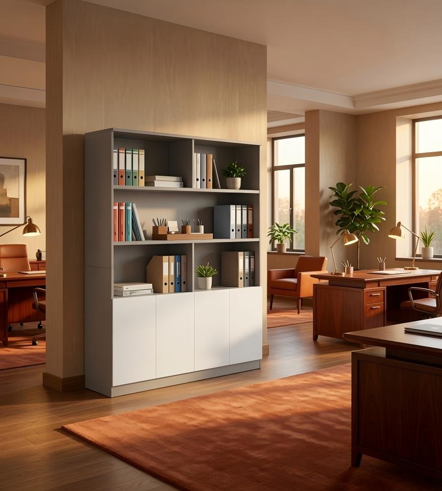 灰白雙色防火板開放式四掩門文件櫃 Gray & White MFC Open Shelf 4-Door File Cabinet