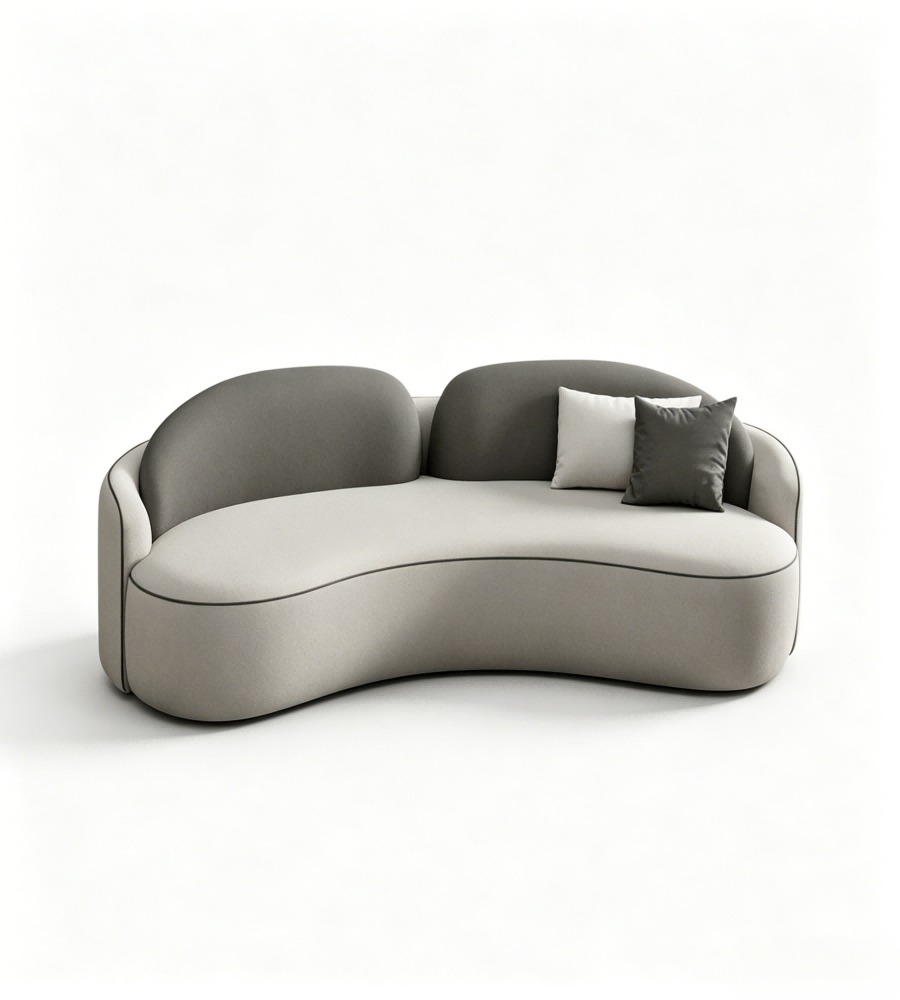 現代舒適灰色西皮拼布藝弧形帶抱枕梳化 Modern Comfortable Grey Faux Leather and Fabric Curved Sofa with Cushions