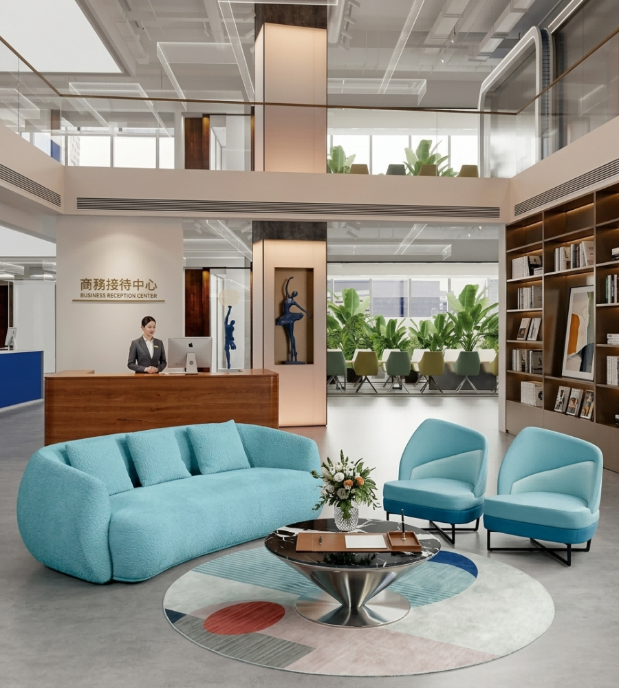現代舒適藍色布藝弧形三座位梳化 Modern Comfortable Blue Fabric Curved 3-Seater Sofa