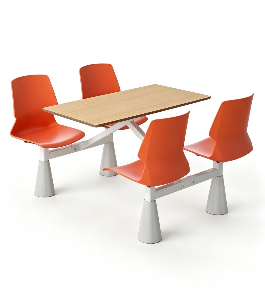 現代簡約木紋橙色鋼架四人位固定學校餐枱 Modern 4-Seater School Canteen Dining Table