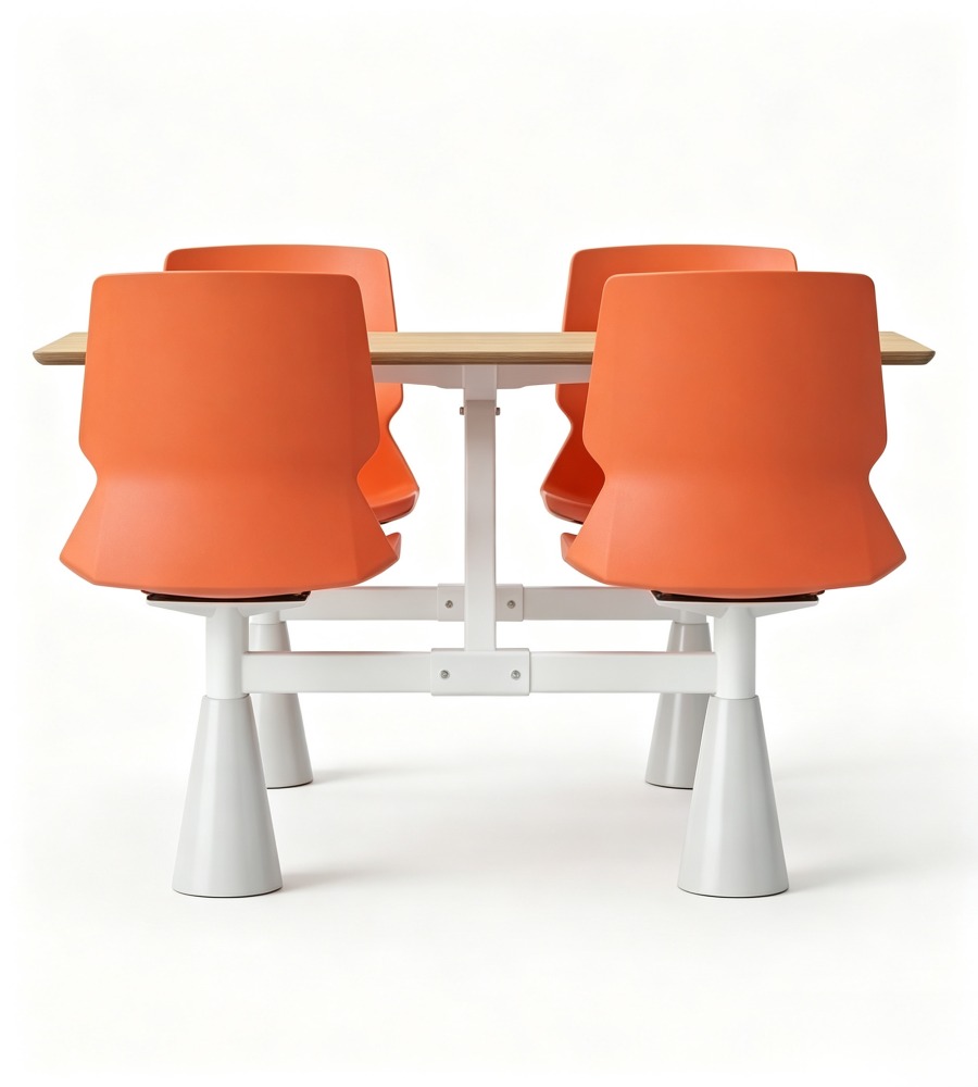 現代簡約木紋橙色鋼架四人位固定學校餐枱 Modern 4-Seater School Canteen Dining Table