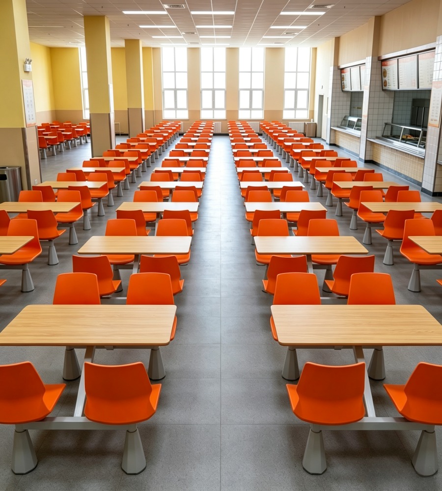 現代簡約木紋橙色鋼架四人位固定學校餐枱 Modern 4-Seater School Canteen Dining Table