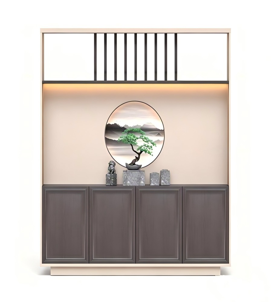 新中式深木色拼米色帶屏風四門儲物櫃 Modern Chinese Dark Wood and Beige 4-Door Screen Storage Cabinet