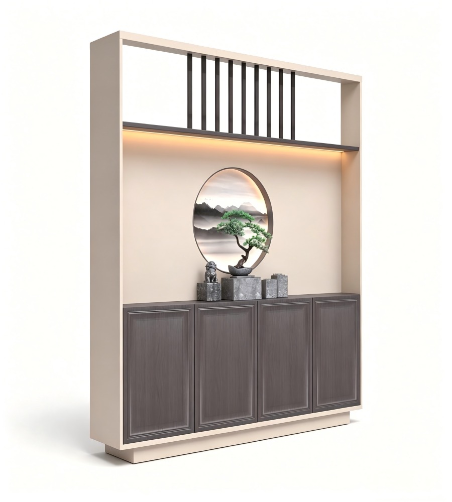 新中式深木色拼米色帶屏風四門儲物櫃 Modern Chinese Dark Wood and Beige 4-Door Screen Storage Cabinet