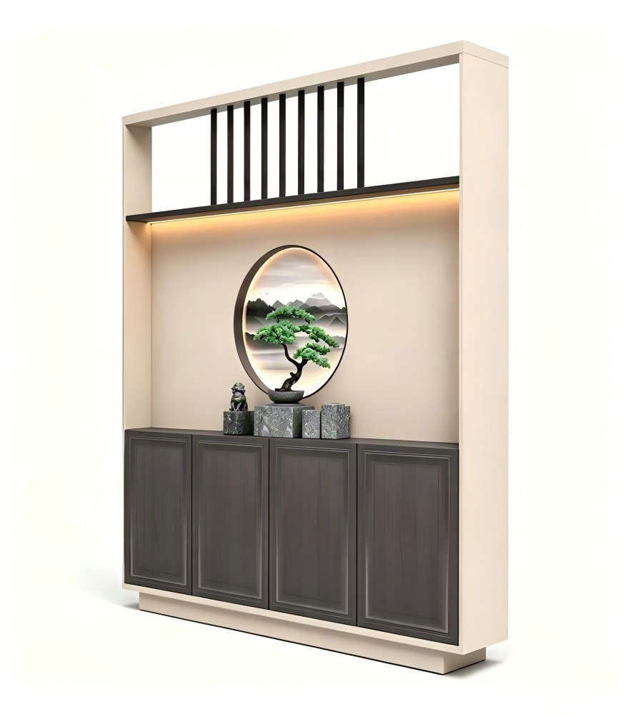 新中式深木色拼米色帶屏風四門儲物櫃 Modern Chinese Dark Wood and Beige 4-Door Screen Storage Cabinet