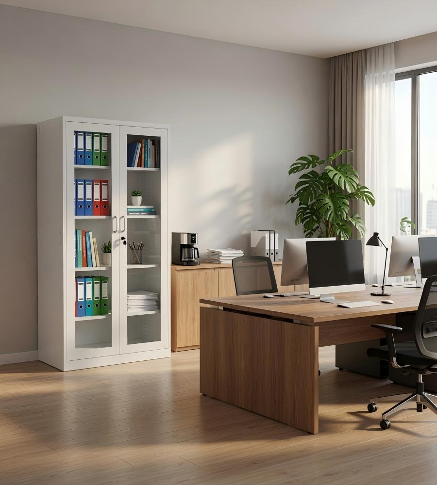 現代白色鋼製雙掩門帶玻璃文件櫃 Modern White Steel Glass Door File Cabinet
