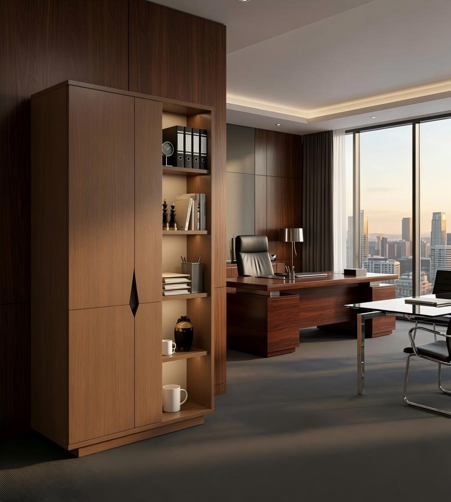 胡桃木色防火板半開放式掩門文件櫃 Walnut MFC Semi-Open File Cabinet