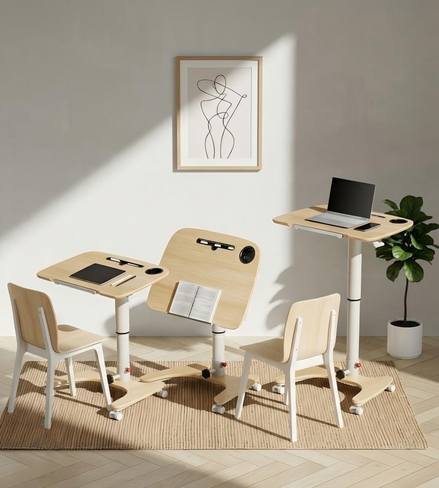 靈活淺木色雙摺疊升降式帶轆講台 Flexible Light Wood Double Folding Adjustable Podium with Wheels
