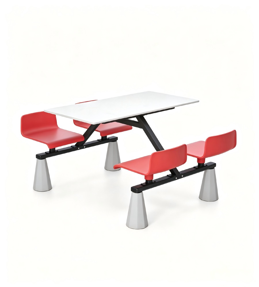 現代學校飯堂白色岩板配紅色鋼架四人位連體餐枱 School Dining Table Set