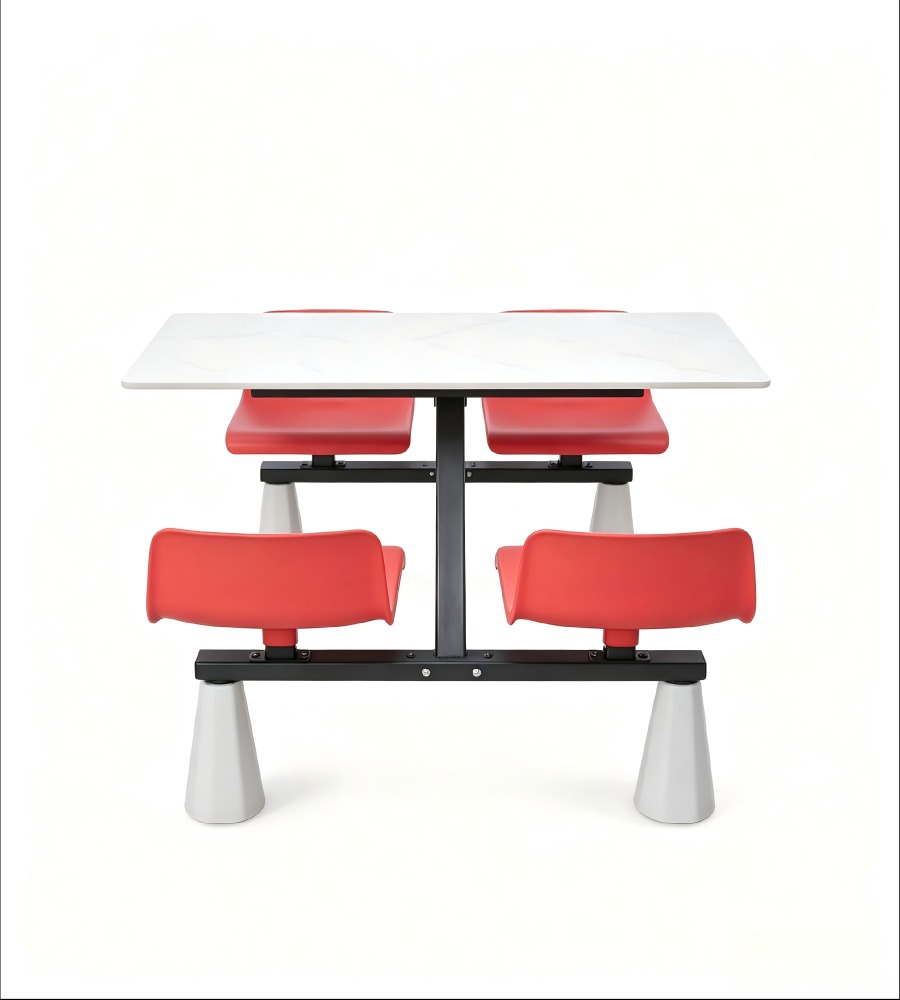 現代學校飯堂白色岩板配紅色鋼架四人位連體餐枱 School Dining Table Set