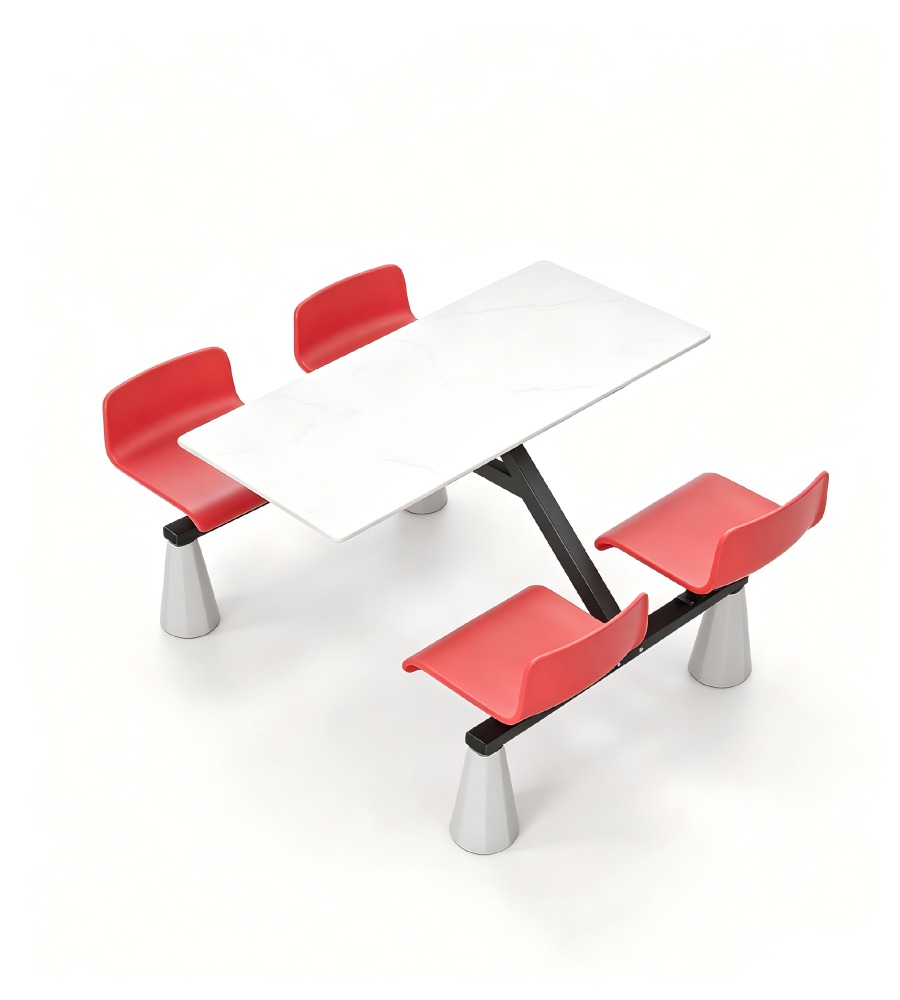 現代學校飯堂白色岩板配紅色鋼架四人位連體餐枱 School Dining Table Set