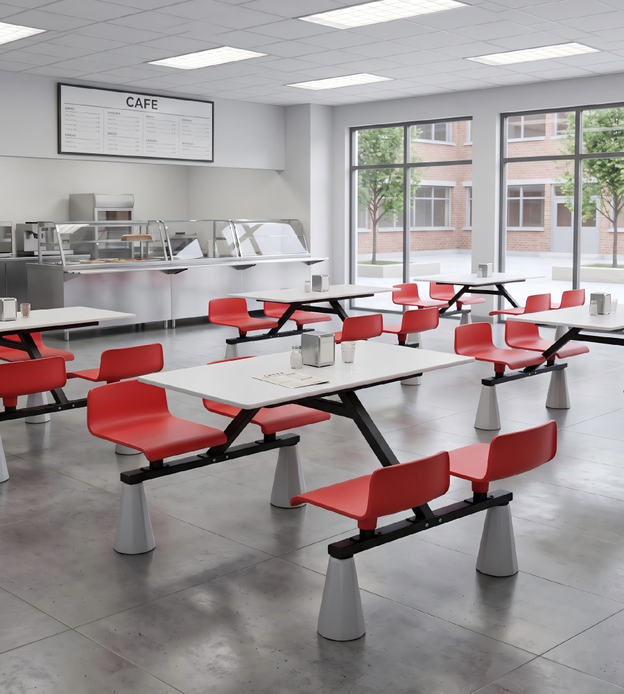 現代學校飯堂白色岩板配紅色鋼架四人位連體餐枱 School Dining Table Set