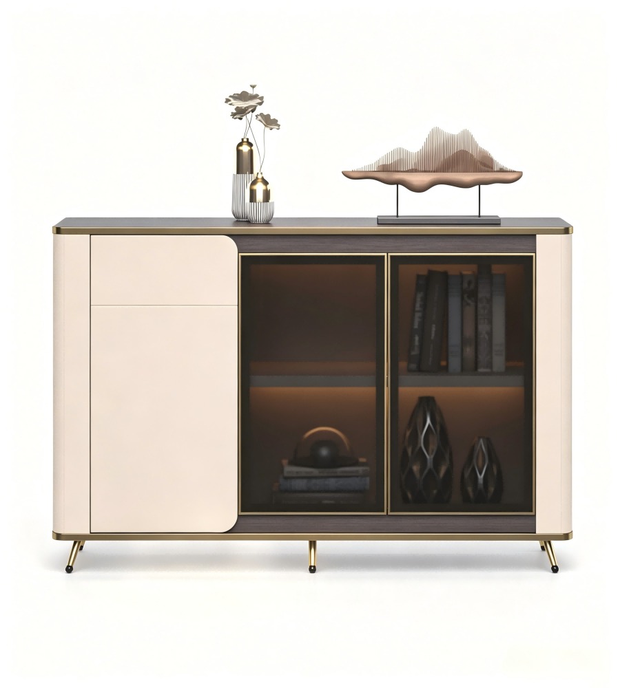 現代輕奢胡桃木色拼卡其灰三門儲物櫃 Modern Luxury Walnut and Khaki Grey 3-Door Storage Cabinet
