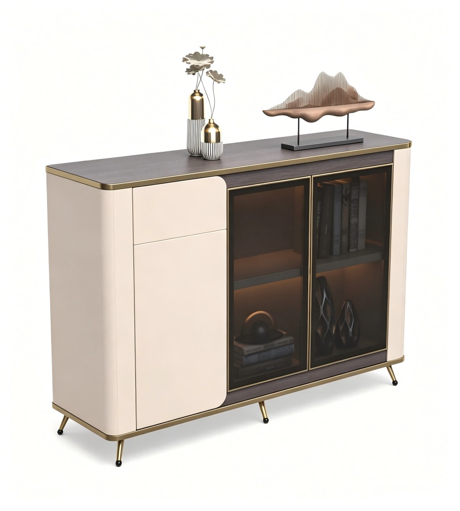 現代輕奢胡桃木色拼卡其灰三門儲物櫃 Modern Luxury Walnut and Khaki Grey 3-Door Storage Cabinet