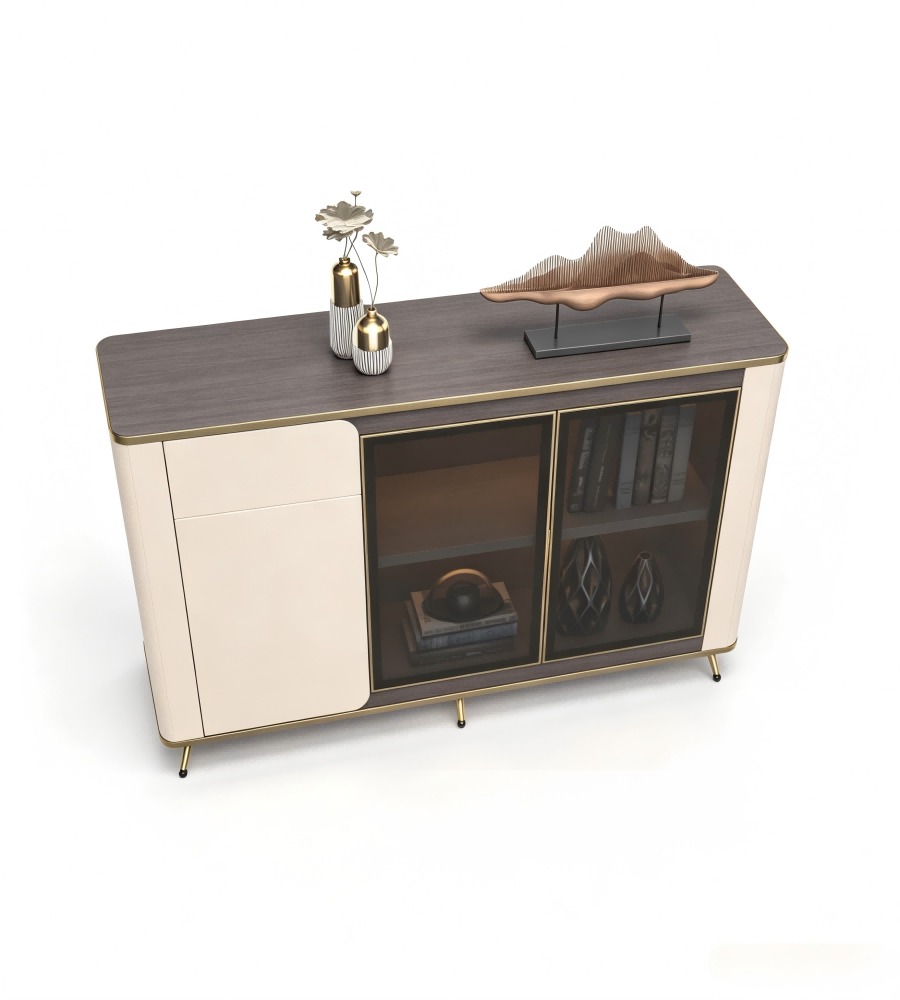 現代輕奢胡桃木色拼卡其灰三門儲物櫃 Modern Luxury Walnut and Khaki Grey 3-Door Storage Cabinet