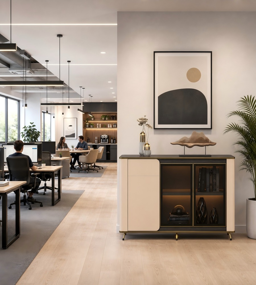 現代輕奢胡桃木色拼卡其灰三門儲物櫃 Modern Luxury Walnut and Khaki Grey 3-Door Storage Cabinet