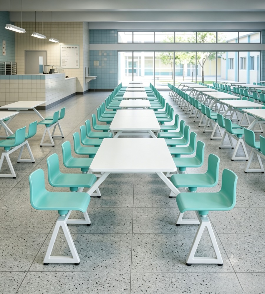 現代簡約綠色岩板鋼架四人位固定學校餐枱 Modern 4-Seater School Canteen Sintered Stone Dining Table
