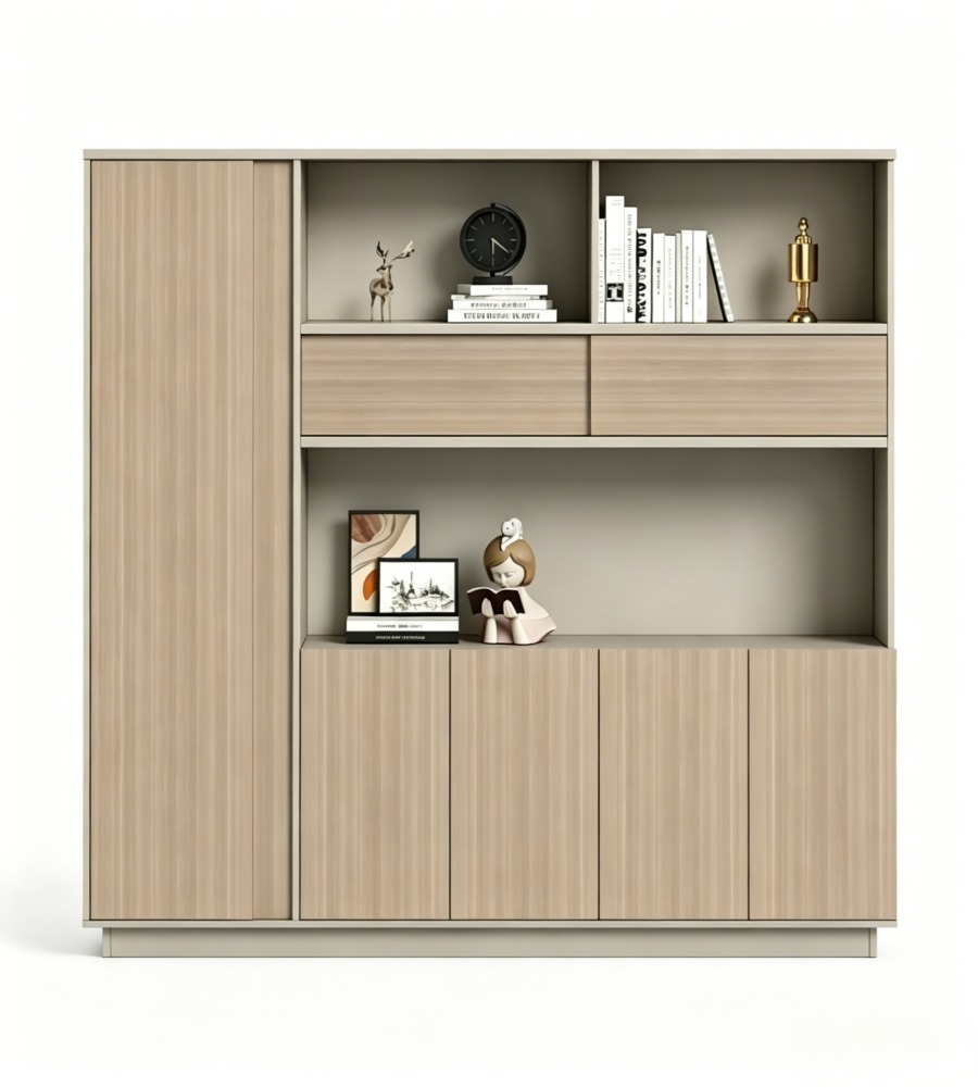 實用淺木色帶櫃桶組合文件櫃 Practical Light Wood Combination File Cabinet with Drawers