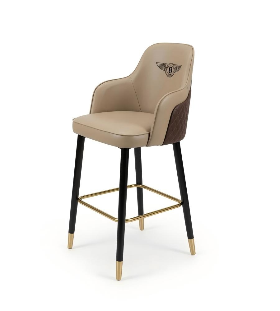 米色PU皮黑色實木腳帶扶手吧椅高腳凳 Luxury Beige PU Leather Wood Bar Stool