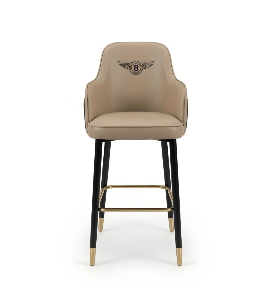 米色PU皮黑色實木腳帶扶手吧椅高腳凳 Luxury Beige PU Leather Wood Bar Stool