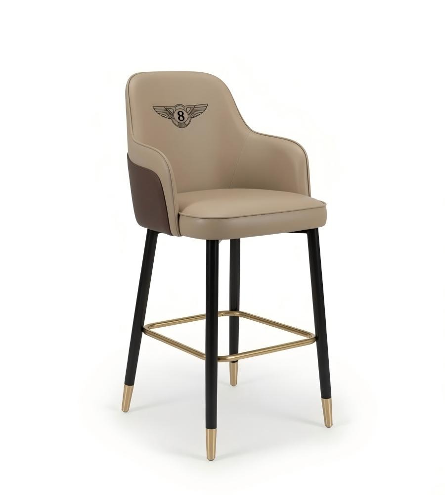 米色PU皮黑色實木腳帶扶手吧椅高腳凳 Luxury Beige PU Leather Wood Bar Stool