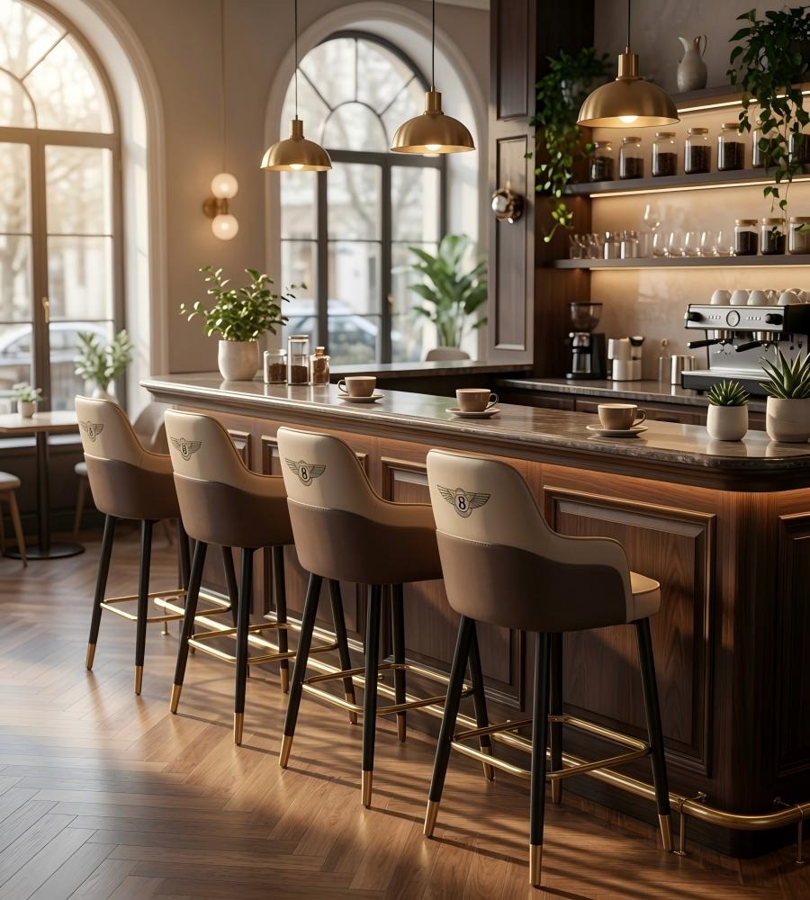 米色PU皮黑色實木腳帶扶手吧椅高腳凳 Luxury Beige PU Leather Wood Bar Stool