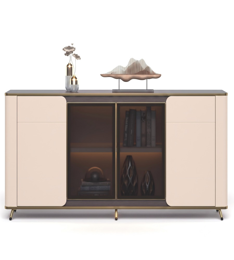 簡約輕奢胡桃木色拼卡其灰四門儲物櫃Luxury Walnut and Khaki Grey 4-Door Storage Cabinet
