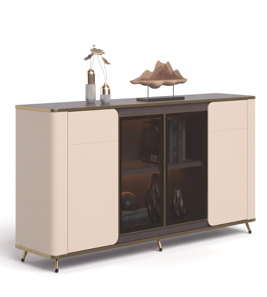簡約輕奢胡桃木色拼卡其灰四門儲物櫃Luxury Walnut and Khaki Grey 4-Door Storage Cabinet