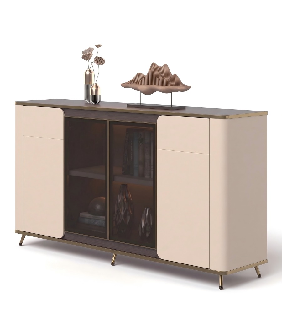 簡約輕奢胡桃木色拼卡其灰四門儲物櫃Luxury Walnut and Khaki Grey 4-Door Storage Cabinet