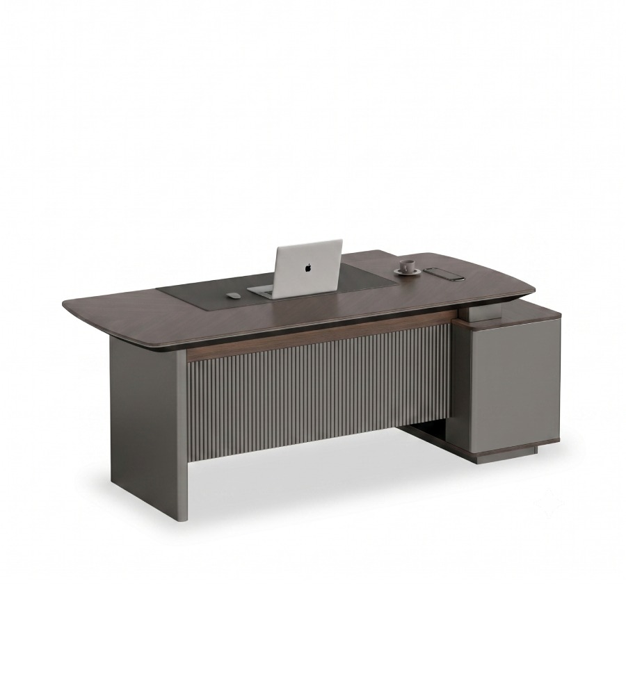現代商務胡桃木配鐵灰L形帶側櫃老闆枱 Business Walnut and Iron Grey L-Shaped Boss Desk