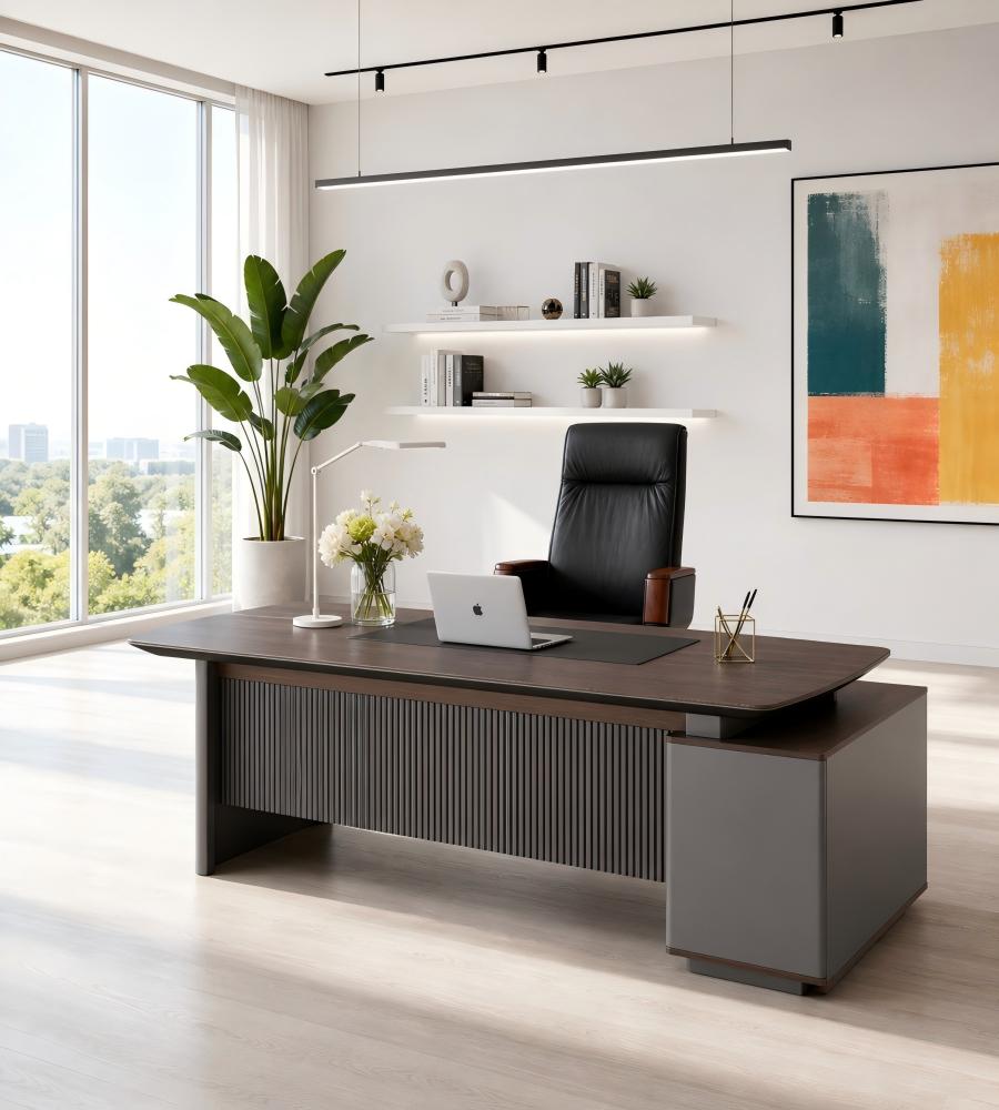 現代商務胡桃木配鐵灰L形帶側櫃老闆枱 Business Walnut and Iron Grey L-Shaped Boss Desk