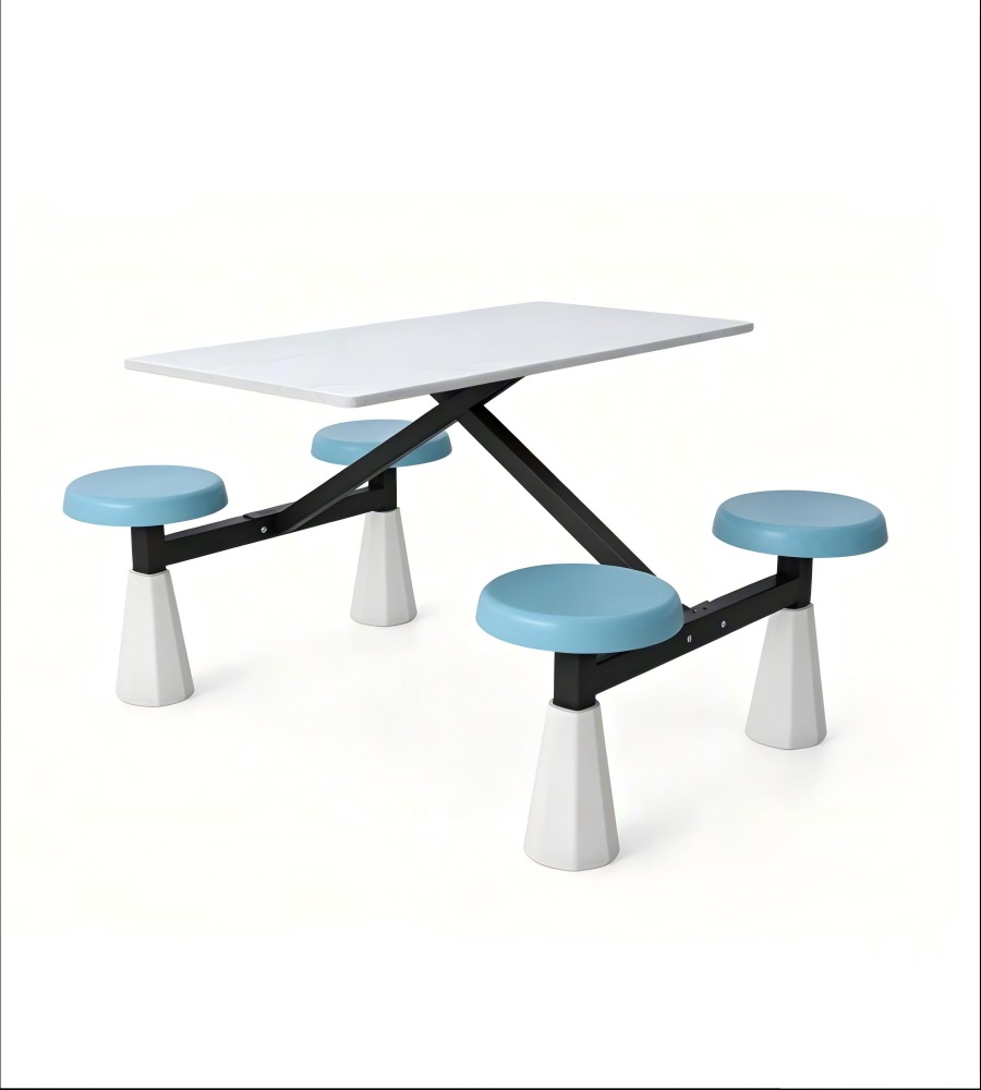 實用白色岩板配藍色PU皮四人位圓凳連體餐枱 School Canteen Dining Table Set