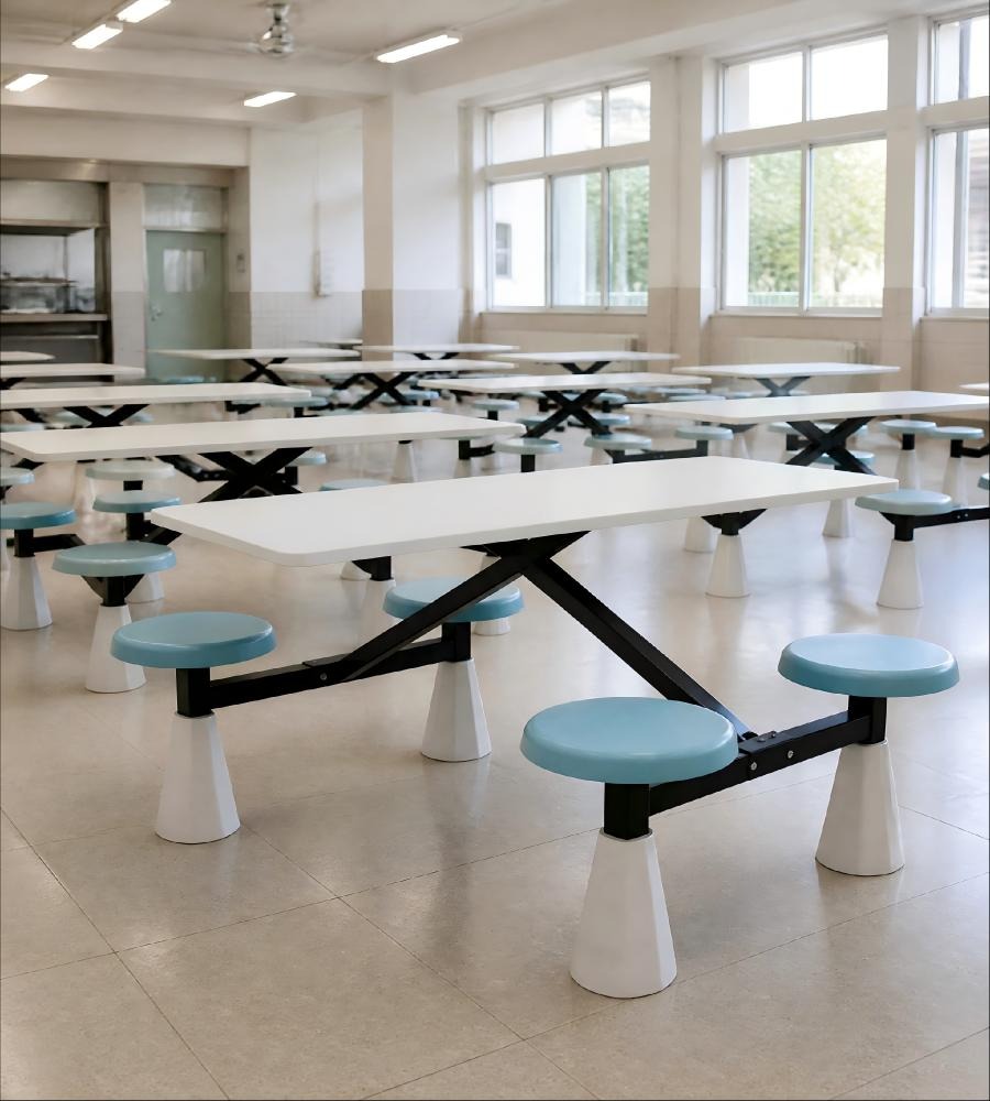 實用白色岩板配藍色PU皮四人位圓凳連體餐枱 School Canteen Dining Table Set