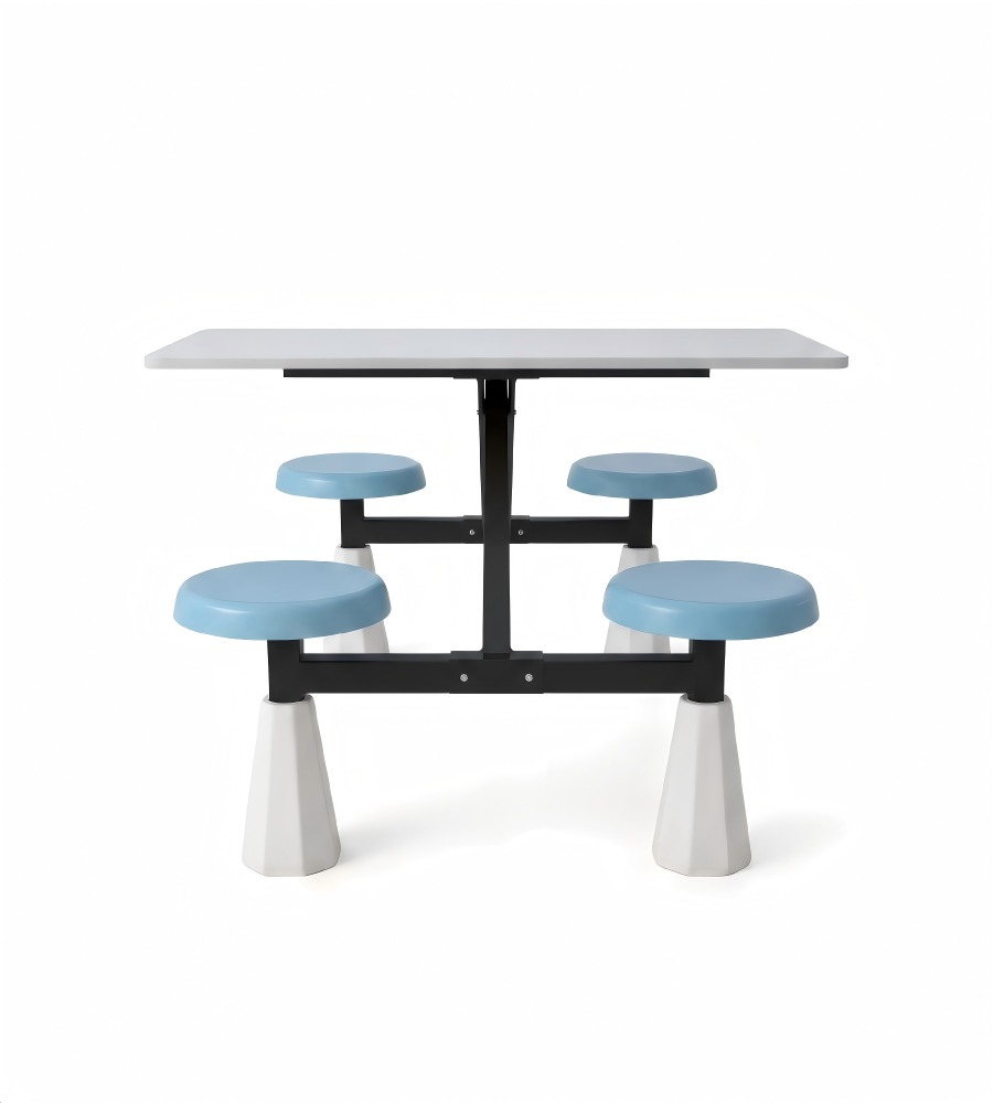 實用白色岩板配藍色PU皮四人位圓凳連體餐枱 School Canteen Dining Table Set