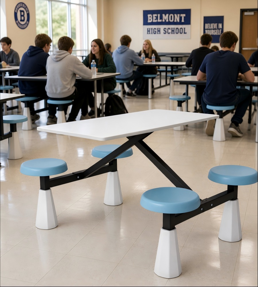 實用白色岩板配藍色PU皮四人位圓凳連體餐枱 School Canteen Dining Table Set