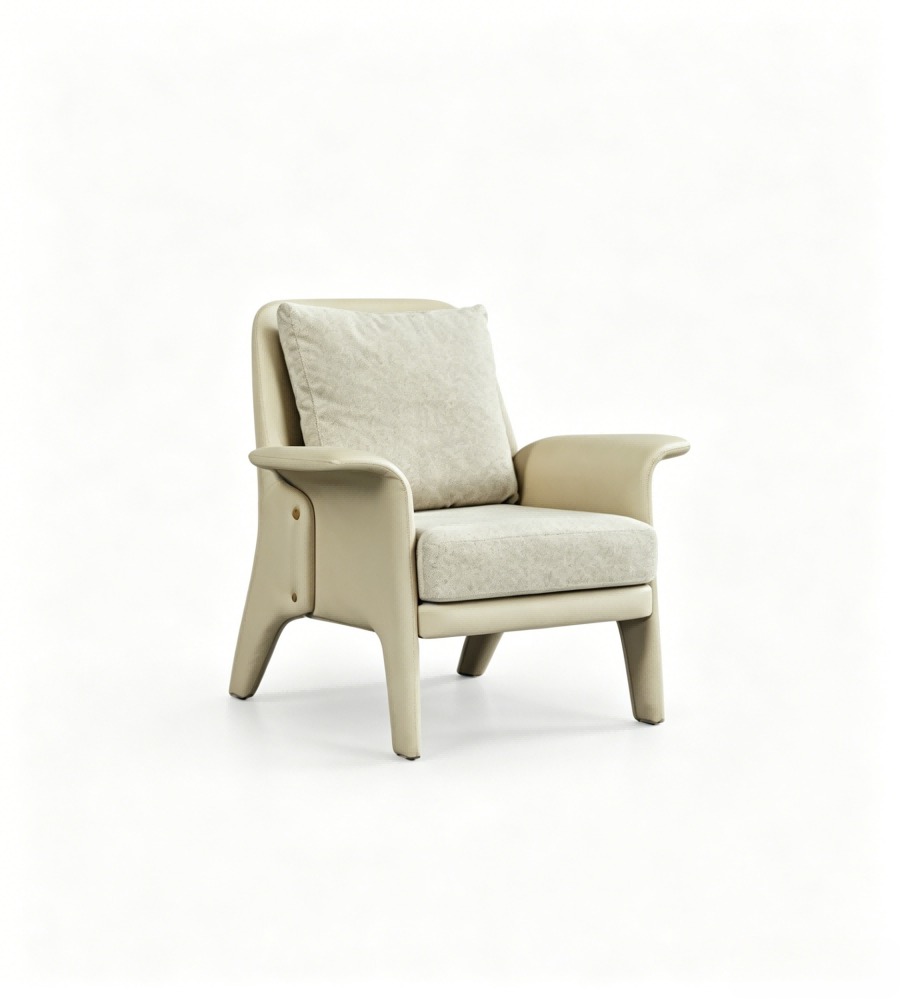 現代舒適米色西皮拼布藝帶扶手單座位梳化 Modern Comfortable Beige Faux Leather and Fabric Single Seater Sofa