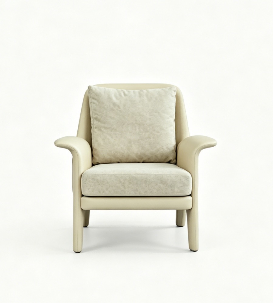 現代舒適米色西皮拼布藝帶扶手單座位梳化 Modern Comfortable Beige Faux Leather and Fabric Single Seater Sofa