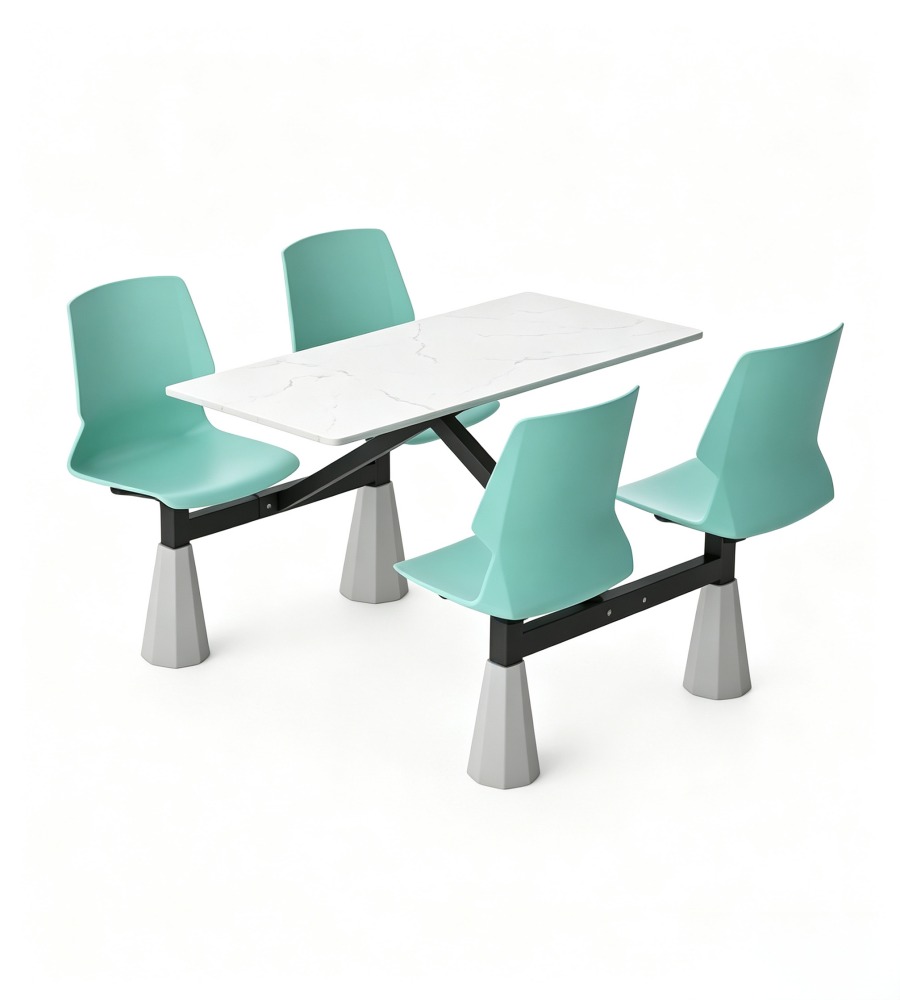 現代簡約綠色岩板鋼架四人位固定學校餐枱 Modern 4-Seater School Canteen Dining Table