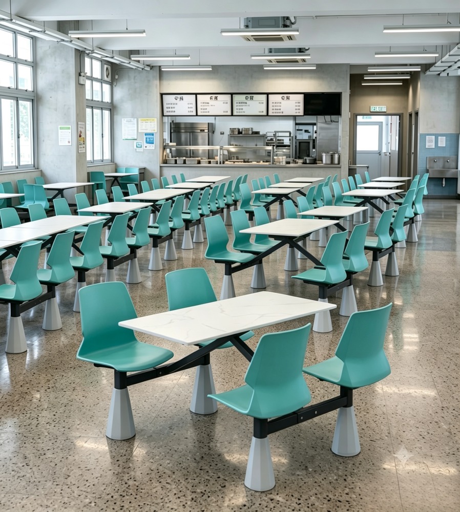 現代簡約綠色岩板鋼架四人位固定學校餐枱 Modern 4-Seater School Canteen Dining Table
