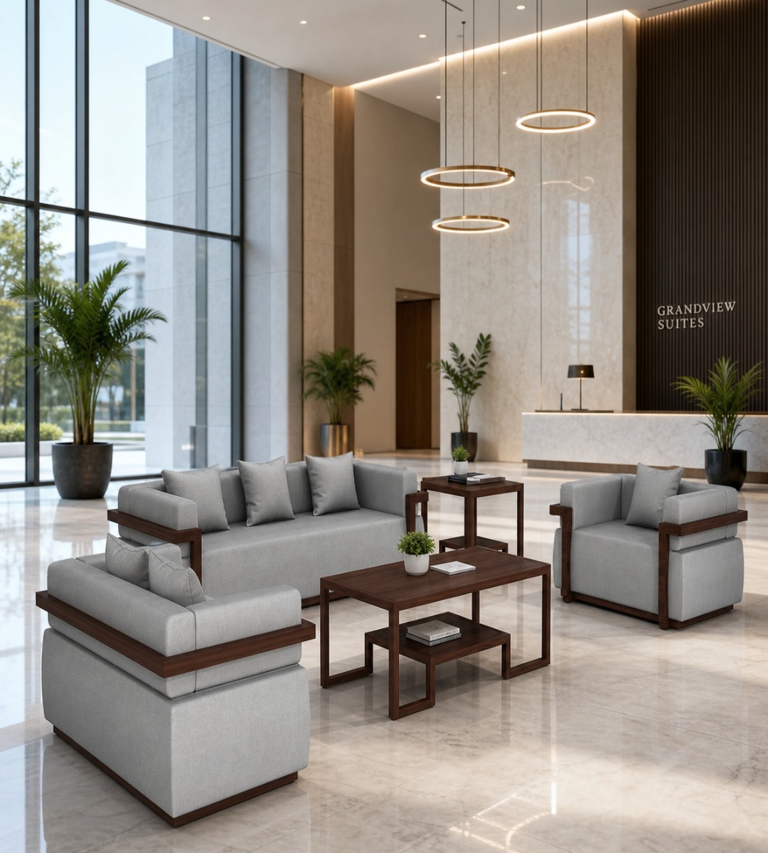 商務舒適灰色西皮實木腳辦公梳化 Grey PU Leather Office Sofa with Wood Legs