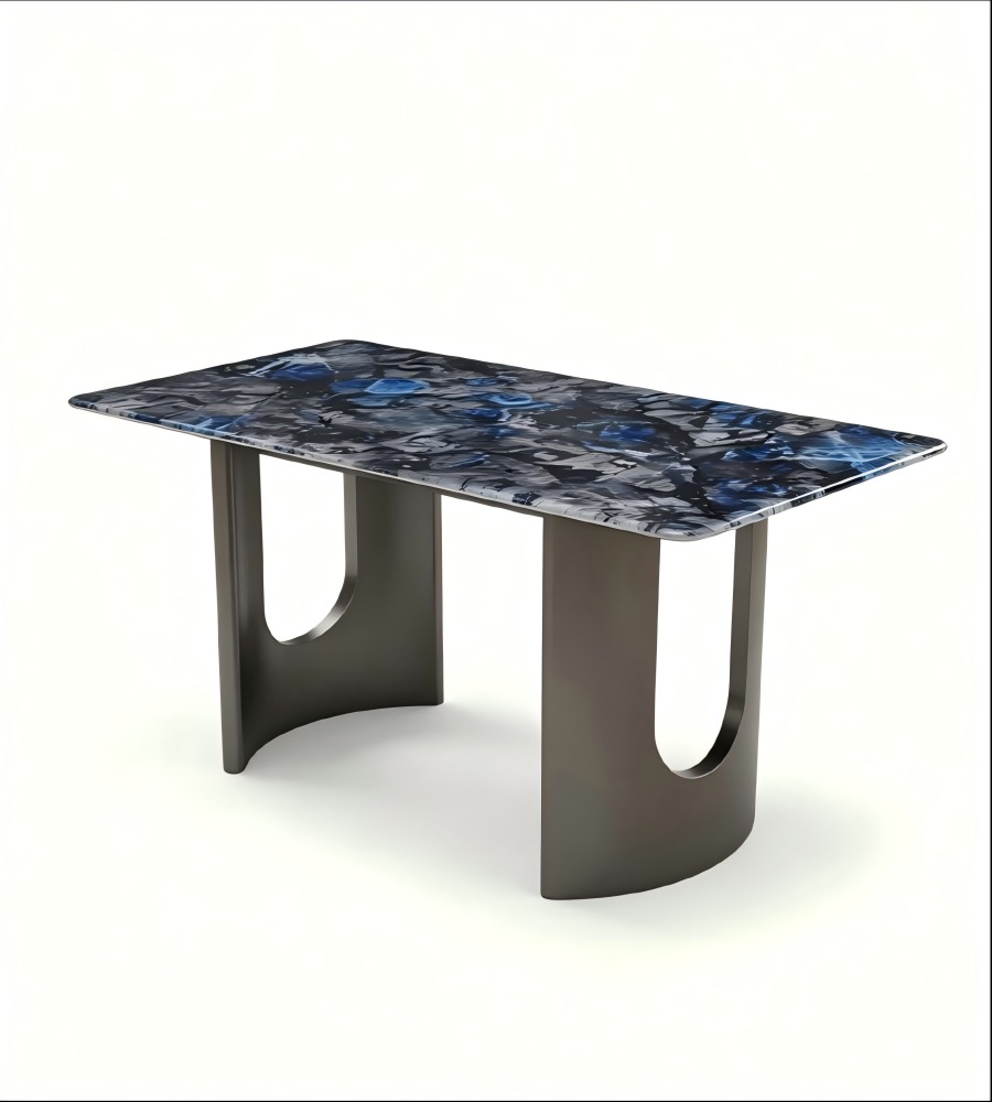 藝術輕奢藍寶石微晶石灰鈦腳長方形餐枱 Luxury Sapphire Microcrystalline Stone Rectangular Dining Table