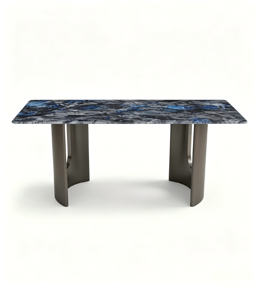 藝術輕奢藍寶石微晶石灰鈦腳長方形餐枱 Luxury Sapphire Microcrystalline Stone Rectangular Dining Table