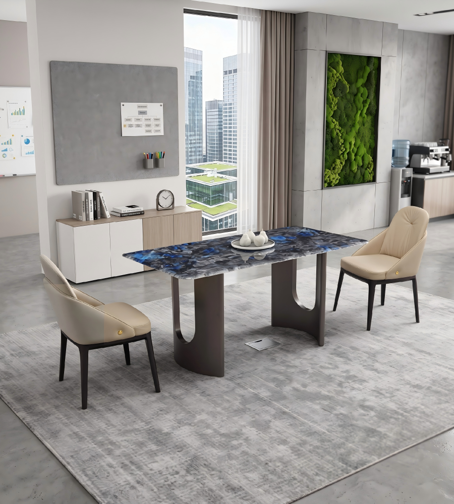 藝術輕奢藍寶石微晶石灰鈦腳長方形餐枱 Luxury Sapphire Microcrystalline Stone Rectangular Dining Table